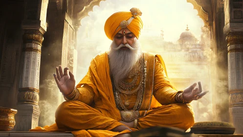 Regal elder in golden turban meditating in ornate temple.