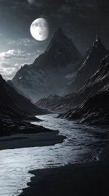 Monochrome mountain range and frozen river reflect moonlight