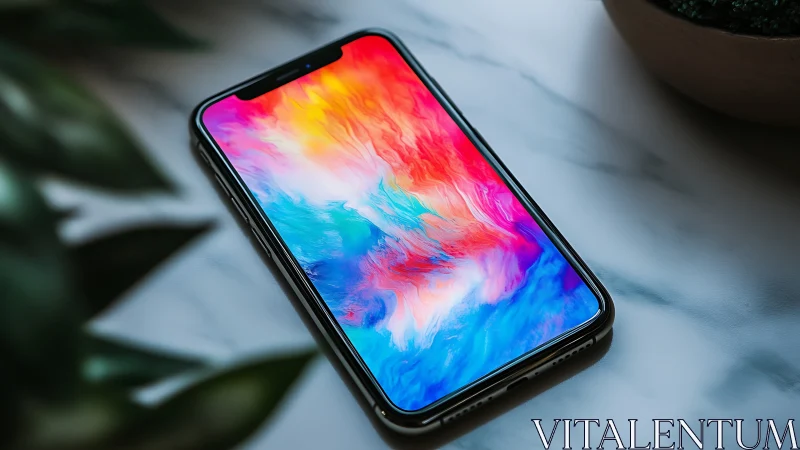 Smartphone with vibrant gradient display on marble surface.