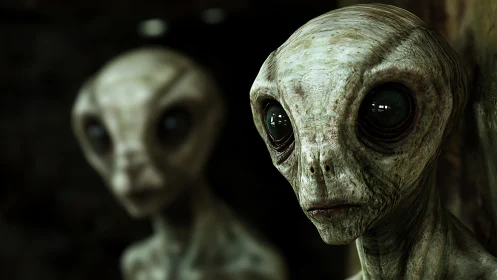 Close alien creature portrait with second figure behind.