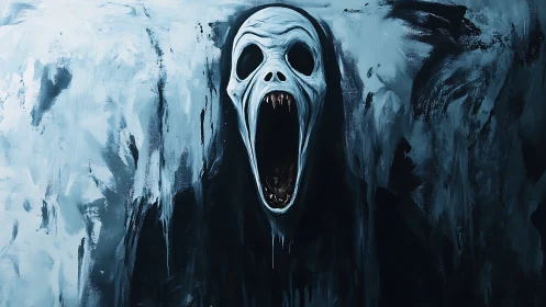 Monochrome spectral scream mask rendered in gestural brushwork