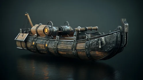 Steampunk hovercraft with riveted hull and warm engine glow.