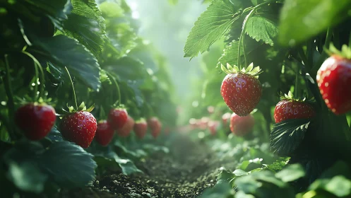 Sunlit ripe strawberries glow along lush green rows.