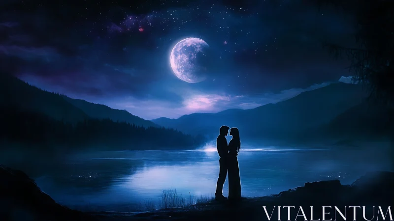 Moonlit Embrace by Alpine Lake Under Starry Night.