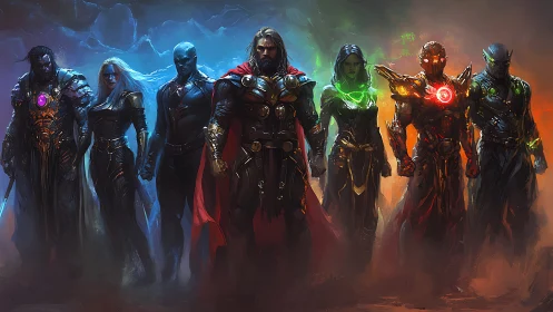 Elemental guardians stride through neon-lit cosmic storm.