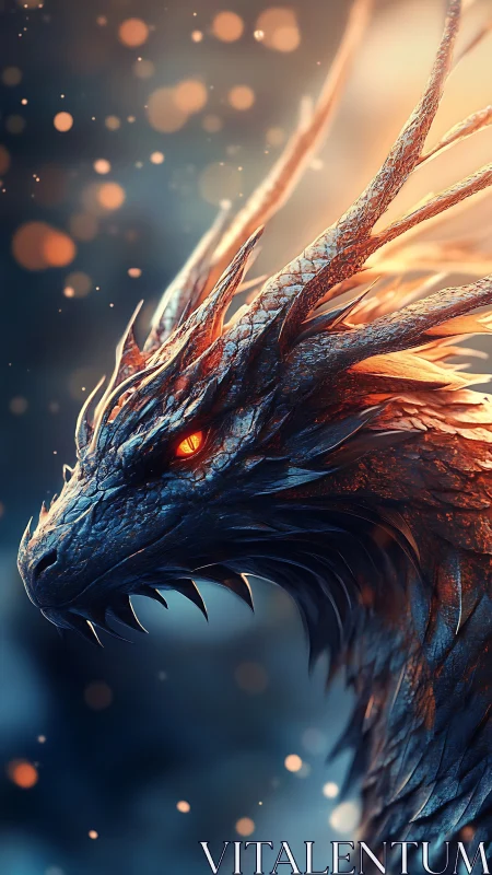 High-detail ember-lit dragon portrait with textured scales and bokeh