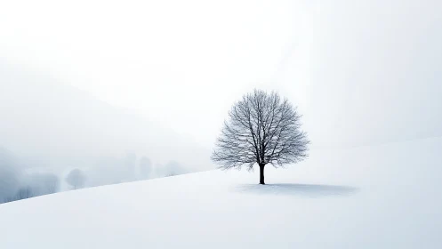 Minimalist winter tree composition on high-key snowy field.