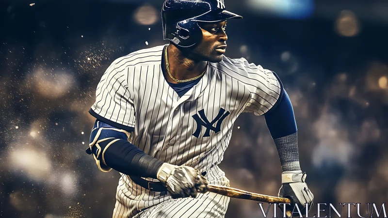 Yankees batter drives forward under stadium night lights.