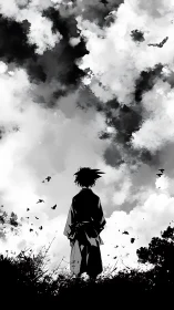 Solitary wanderer contemplates storm-swept monochrome sky