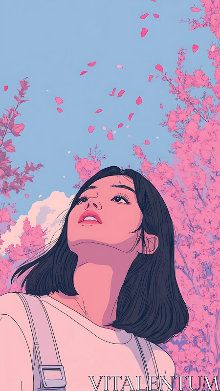 Youthful portrait beneath drifting sakura petals in spring.