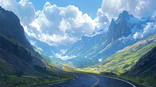 Mountain highway curving through bright green valley landscape.