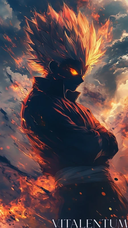 Volumetric-lit flame warrior with high-contrast rim lighting and glow