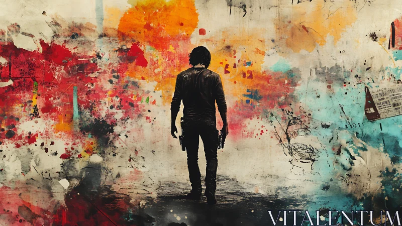 Silhouetted figure before multicolored abstract wall backdrop.