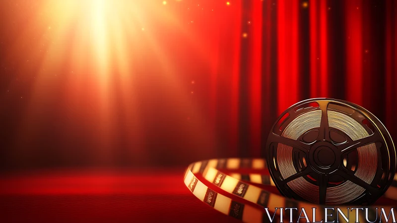 Cinematic film reel against red stage curtains in bokeh glow.