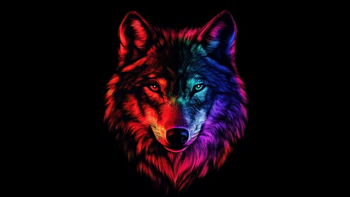 Neon gradient wolf portrait on black digital background.