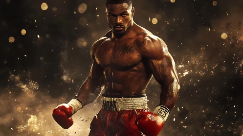 Champion Boxer Portrait with Dramatic Golden Particle Effects.
