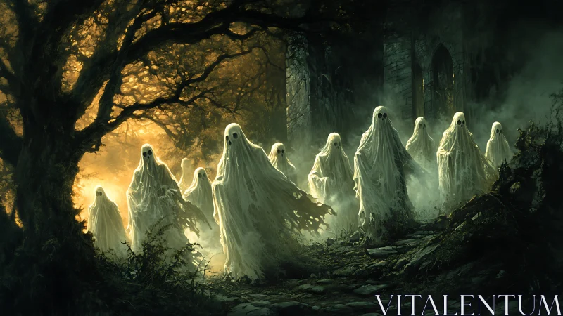 Pale phantoms emerging from a ruined forest chapel.