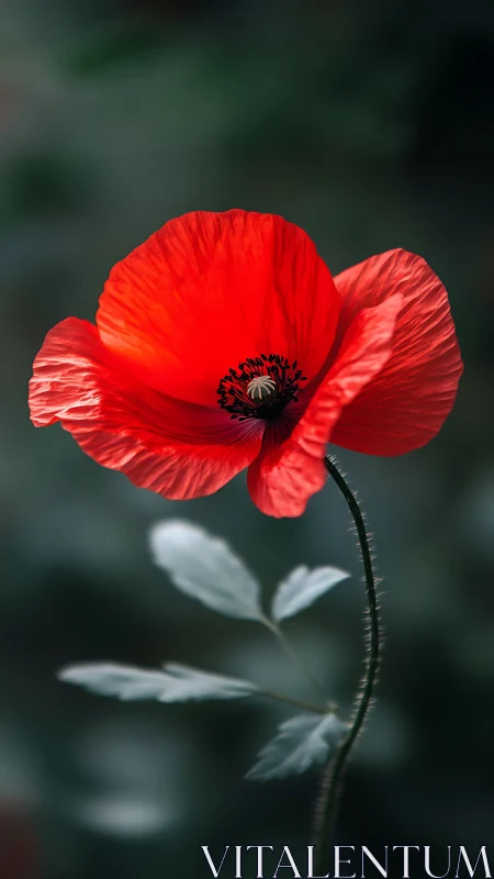 Red Poppy Flower with Dark Center and Blurred Green Background.
