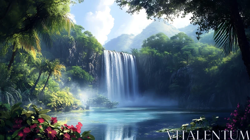 Sunlit jungle waterfall hushes a hidden crystal-blue lagoon