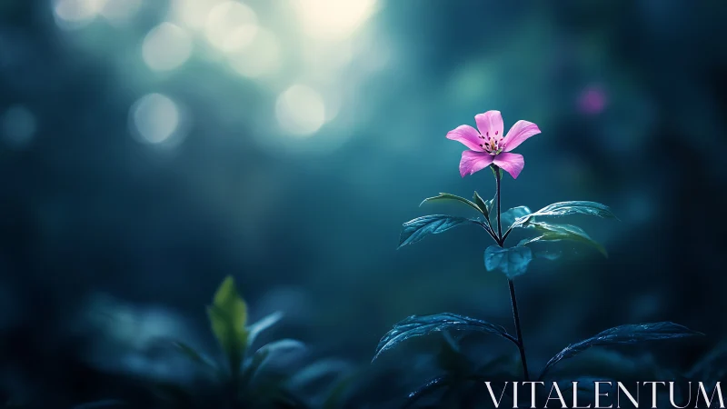 Solitary pink woodland flower in cinematic teal bokeh glow.