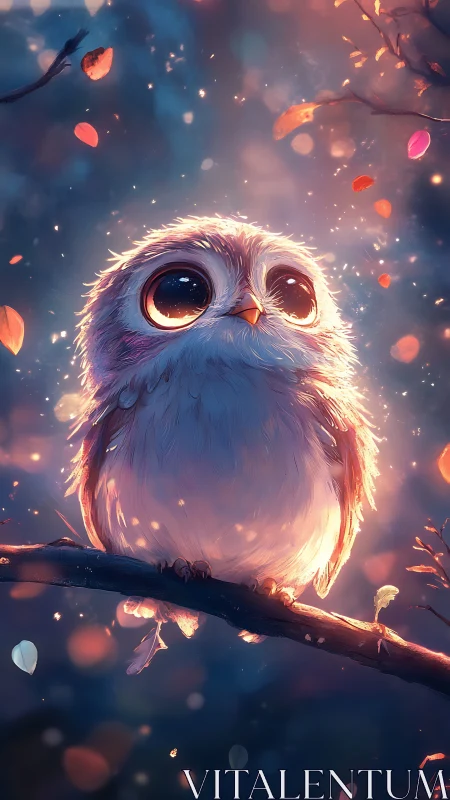 Stargazing baby owl glowing softly in a twilight garden.