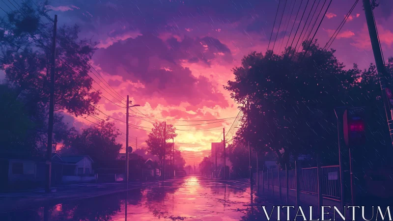 Sunset rain over quiet suburban street with reflections.