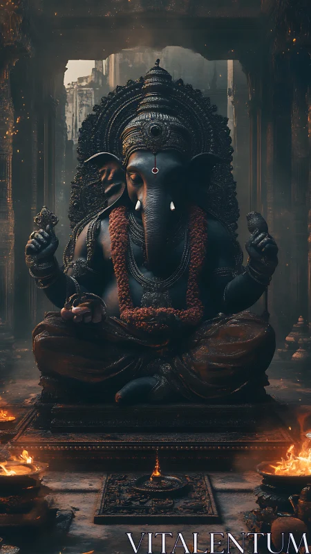 Monumental Ganesha sculpture rendered in cinematic digital chiaroscuro