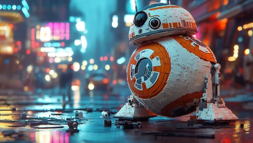 Lego-style spherical droid glows in a rainy neon city street