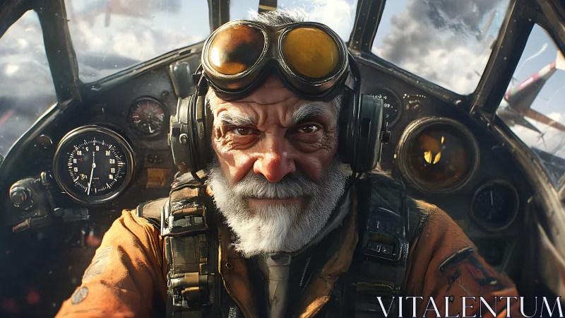 Storm-eyed veteran pilot grins inside weather-beaten cockpit.