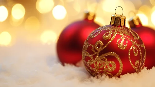 Red glass Christmas ornaments with golden bokeh backdrop.