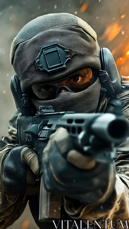 Masked tactical soldier aims rifle amid urban firefight