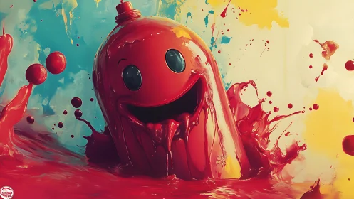 Joyful red paint creature splashing through bright color chaos.