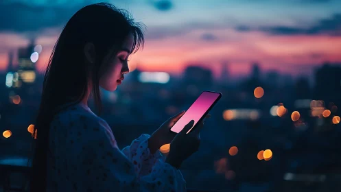 Photorealistic dusk portrait with smartphone city bokeh silhouettes.