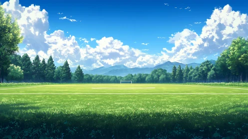 Sunlit regulation soccer pitch under stratocumulus sky panorama.