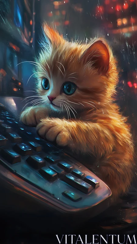 Adorable Kitten at the Glowing Keyboard