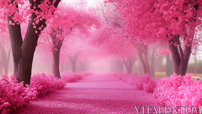 Sakura-lined pathway in saturated pink atmospheric perspective.