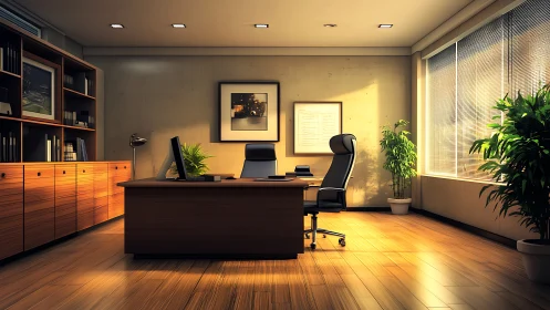 Modern executive office interior shows wood surfaces and light