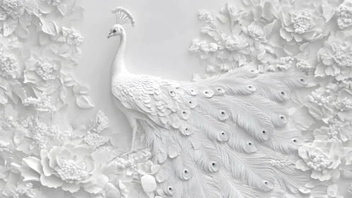 Elegant white peacock in intricate floral paper art style.