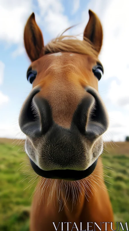 Close-up frontal view of horse muzzle in rural field.