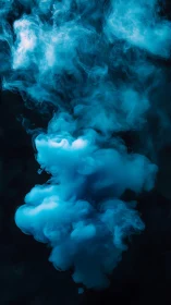 Cyan ink cloud curls through dark water in vertical frame.