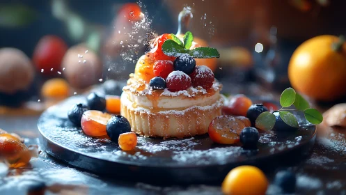 Cupcake with Fresh Berries and Powdered Sugar.