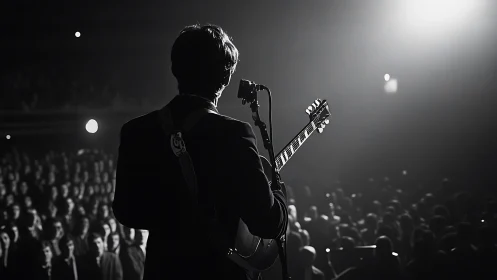 Guitarist performing on stage before large focused crowd.