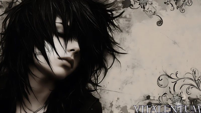 Shadow-lashed dreamer drifts through baroque grayscale calm.