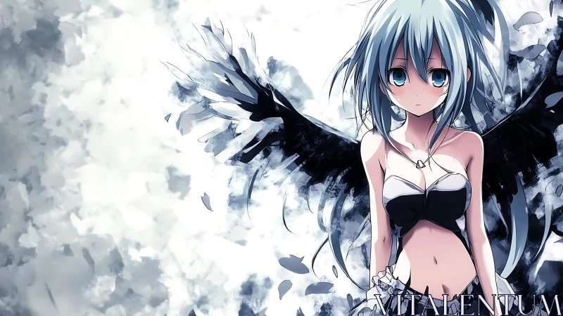 Melancholic winged anime girl stands amid abstract feathers.