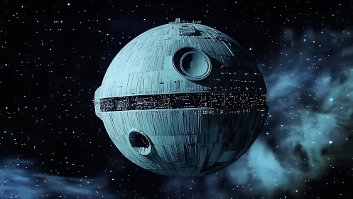 Mysterious spherical space station drifting among stars.