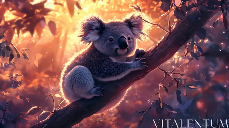 Dreamlit koala perched in ember-kissed eucalyptus dusk.