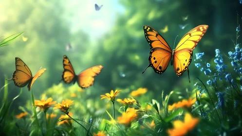 Luminous orange butterflies in shallow‑depth floral habitat study.