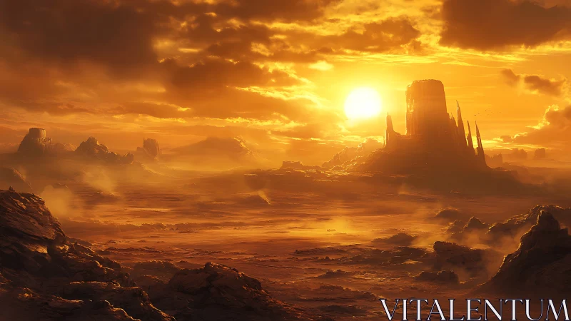 Sunlit alien desert citadel under molten amber sky.