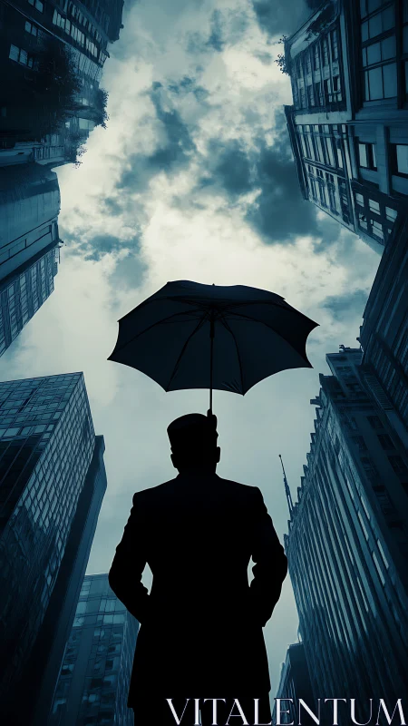 Silhouette Sentinel: Umbrellaed resolve amid urban titans.