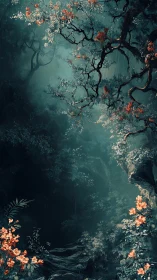 Whispering teal ravine wrapped in ember-tipped blossoms.